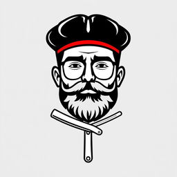 A stylized logo featuring the face of a barber man wearing a classic barber hat, with a straight razor cleverly integrated below the face design