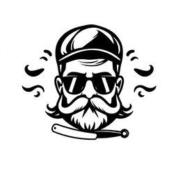 A stylized logo featuring the face of a barber man wearing a classic barber hat, with a straight razor cleverly integrated below the face design