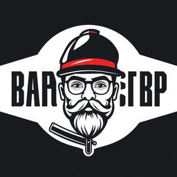A stylized logo featuring the face of a barber man wearing a classic barber hat, with a straight razor cleverly integrated below the face design