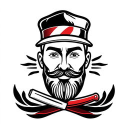 A stylized logo featuring the face of a barber man wearing a classic barber hat, with a straight razor cleverly integrated below the face design