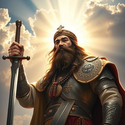 Imam Ali holding the sword Zulfiqar, his face radiating with light, depicted as a grand and heroic figure