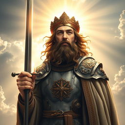 Imam Ali holding the sword Zulfiqar, his face radiating with light, depicted as a grand and heroic figure