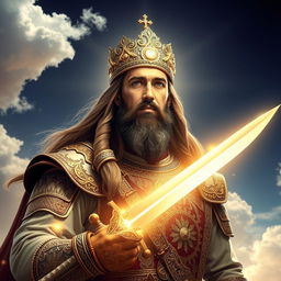 Imam Ali with the sword Zulfiqar, his face completely radiant and glowing, portrayed in a heroic and majestic stance