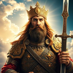 Imam Ali with the sword Zulfiqar, his face completely radiant and glowing, portrayed in a heroic and majestic stance