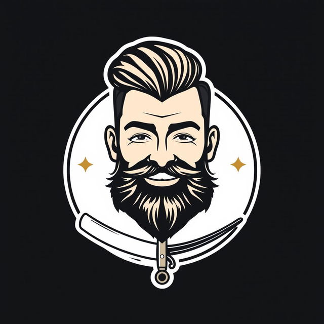 A logo design featuring a stylized face of a male barber with a well-groomed beard and slicked-back hair, smiling confidently