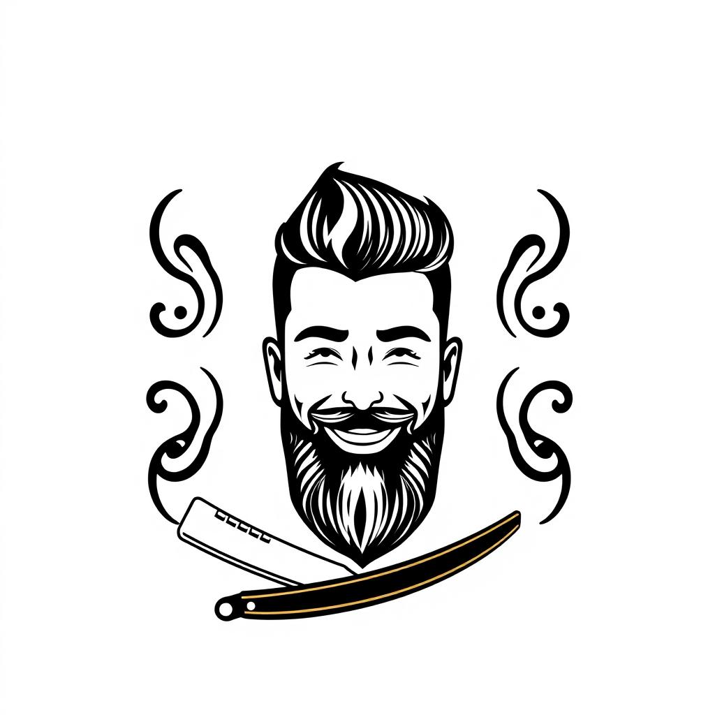 A logo design featuring a stylized face of a male barber with a well-groomed beard and slicked-back hair, smiling confidently