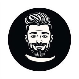 A logo design featuring a stylized face of a male barber with a well-groomed beard and slicked-back hair, smiling confidently