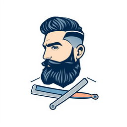 A logo featuring the face of a stylish male barber with a well-groomed beard and slicked-back hair, showcasing a confident expression