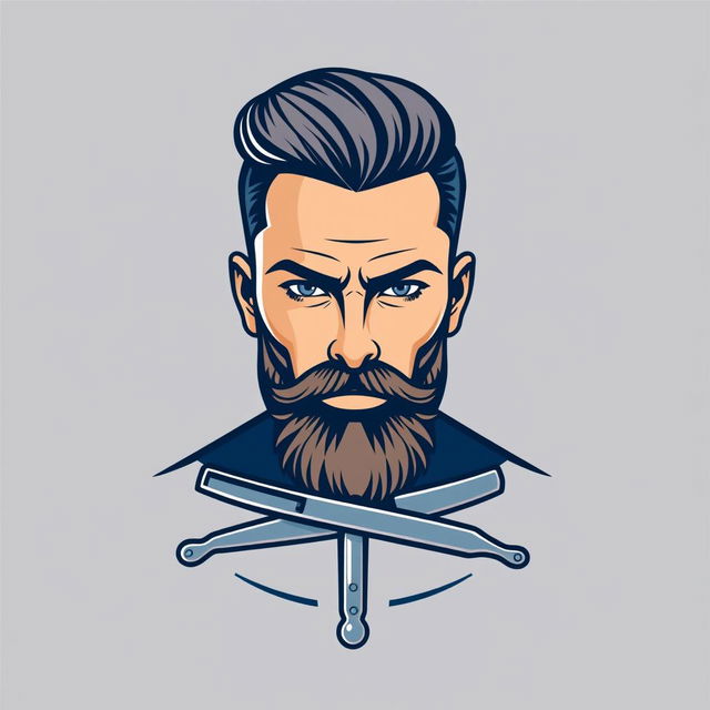 A logo featuring the face of a stylish male barber with a well-groomed beard and slicked-back hair, showcasing a confident expression