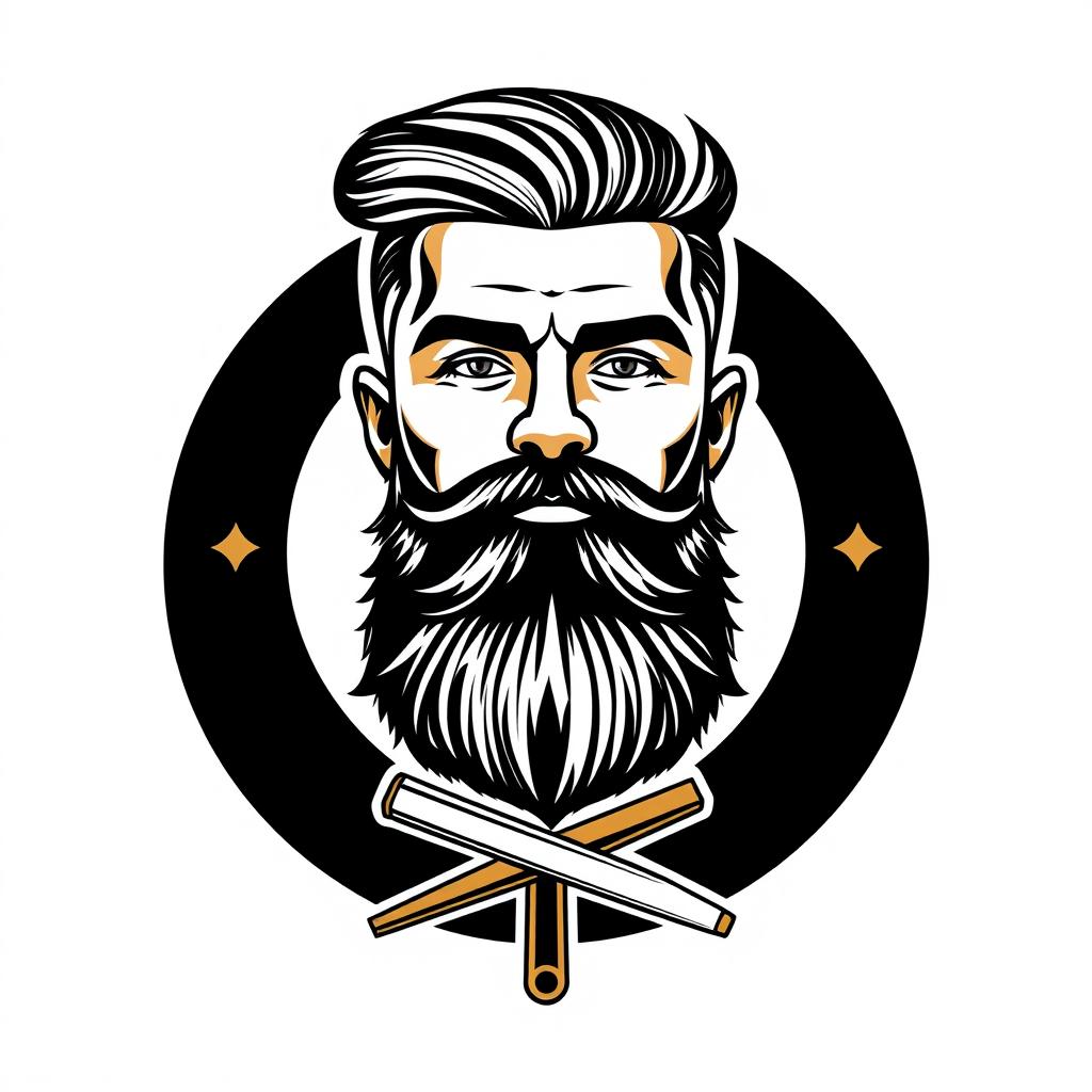 A creative and stylish logo featuring the face of a male barber with a well-groomed beard and stylish hairstyle