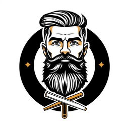 A creative and stylish logo featuring the face of a male barber with a well-groomed beard and stylish hairstyle