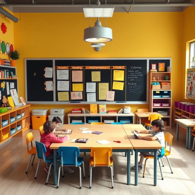 A vibrant and engaging classroom setting designed for therapeutic pedagogy, featuring a large central table in front of a blackboard and a structured temporal-spatial panel where students work daily