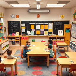 A vibrant and engaging classroom setting designed for therapeutic pedagogy, featuring a large central table in front of a blackboard and a structured temporal-spatial panel where students work daily