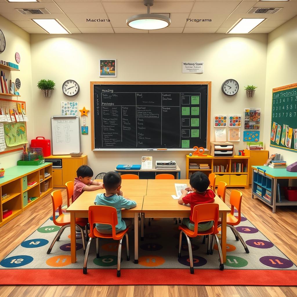 A vibrant and engaging classroom setting designed for therapeutic pedagogy, featuring a large central table in front of a blackboard and a structured temporal-spatial panel where students work daily