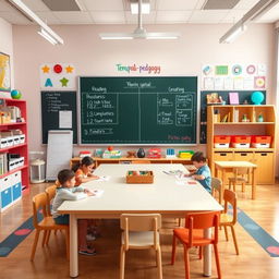 A vibrant and engaging classroom setting designed for therapeutic pedagogy, featuring a large central table in front of a blackboard and a structured temporal-spatial panel where students work daily