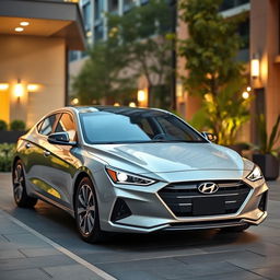 A luxurious, modern Hyundai car parked in an upscale urban environment, showcasing its sleek design and stylish curves