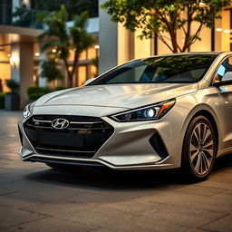 A luxurious, modern Hyundai car parked in an upscale urban environment, showcasing its sleek design and stylish curves