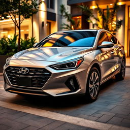A luxurious, modern Hyundai car parked in an upscale urban environment, showcasing its sleek design and stylish curves