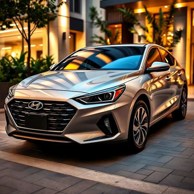 A luxurious, modern Hyundai car parked in an upscale urban environment, showcasing its sleek design and stylish curves