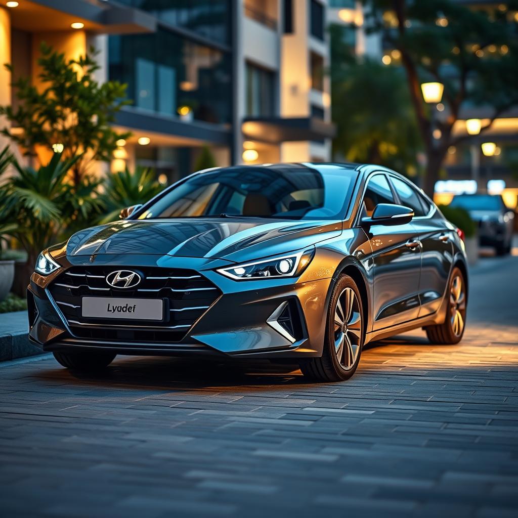 A luxurious, modern Hyundai car parked in an upscale urban environment, showcasing its sleek design and stylish curves