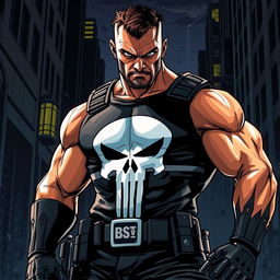 A dynamic and intense portrayal of the Punisher character, featuring a muscular man in a dark tactical outfit with a skull emblem prominently displayed on his chest