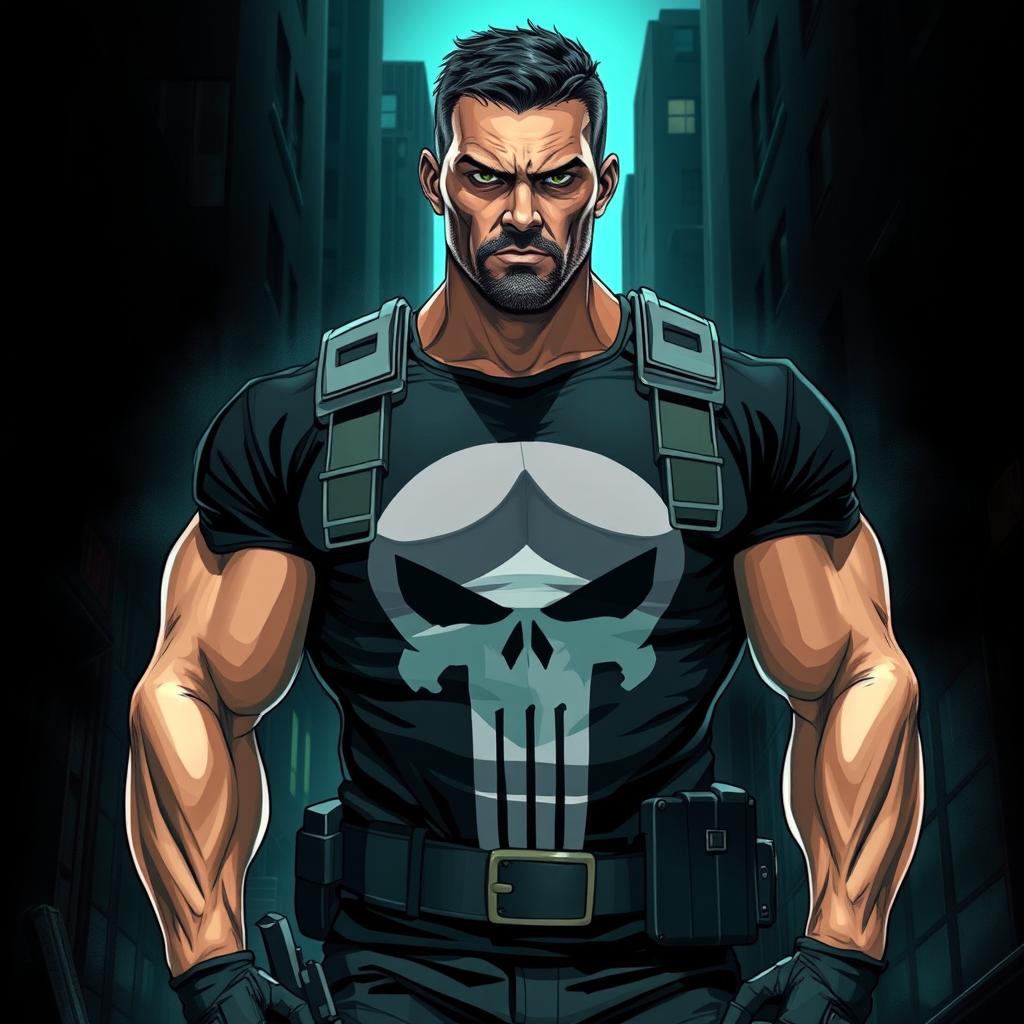 A dynamic and intense portrayal of the Punisher character, featuring a muscular man in a dark tactical outfit with a skull emblem prominently displayed on his chest