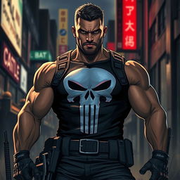 A dynamic and intense portrayal of the Punisher character, featuring a muscular man in a dark tactical outfit with a skull emblem prominently displayed on his chest