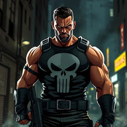 A dynamic and intense portrayal of the Punisher character, featuring a muscular man in a dark tactical outfit with a skull emblem prominently displayed on his chest