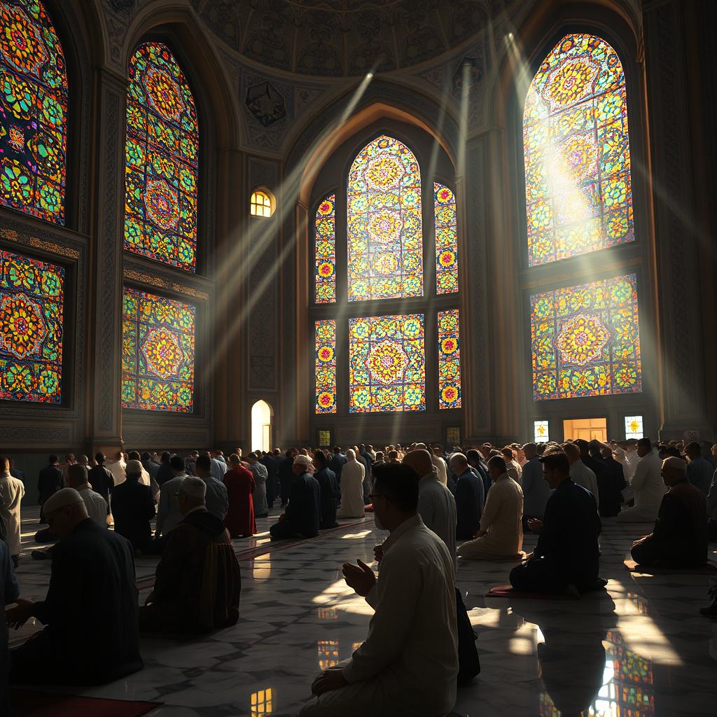 The serene atmosphere of worship in an Iranian mosque, adorned with intricate colored glass windows that cast vibrant rays of light across the interior