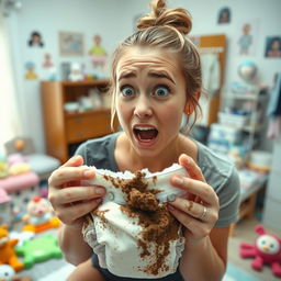 Sydney Sweeney, with a visibly disgusted expression on her face, is changing a very dirty diaper