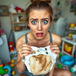 Sydney Sweeney, with a visibly disgusted expression on her face, is changing a very dirty diaper