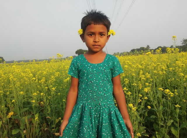 A young girl standing confidently in a lush, green mustard field, wearing a vibrant, patterned dress with bright colors