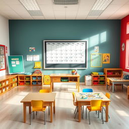 A vibrant classroom designed for therapeutic pedagogy featuring a central table positioned in front of a blackboard