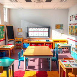 A vibrant classroom designed for therapeutic pedagogy featuring a central table positioned in front of a blackboard