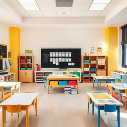 A vibrant classroom designed for therapeutic pedagogy featuring a central table positioned in front of a blackboard