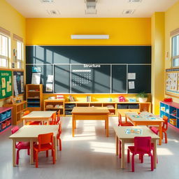 A vibrant classroom designed for therapeutic pedagogy featuring a central table positioned in front of a blackboard