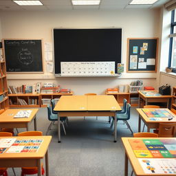 A special education classroom featuring a central table right in front of a blackboard