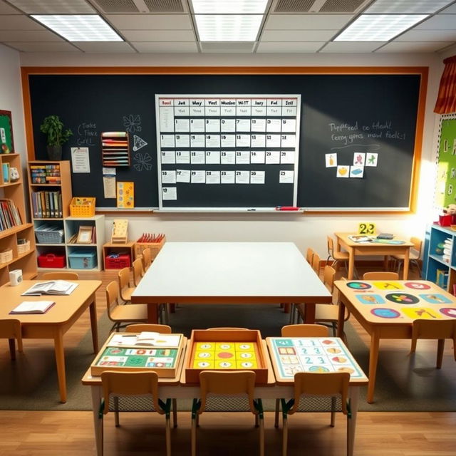 A special education classroom featuring a central table right in front of a blackboard