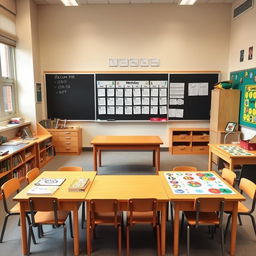 A special education classroom featuring a central table right in front of a blackboard