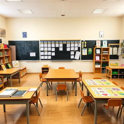A special education classroom featuring a central table right in front of a blackboard