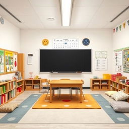 A special education classroom featuring a central table positioned directly in front of a blackboard, along with a structured calendar panel behind it