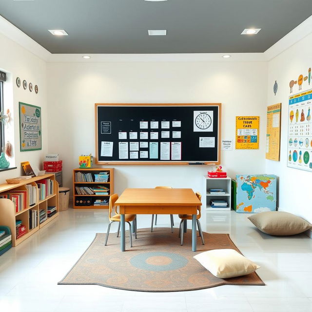 A special education classroom featuring a central table positioned directly in front of a blackboard, along with a structured calendar panel behind it