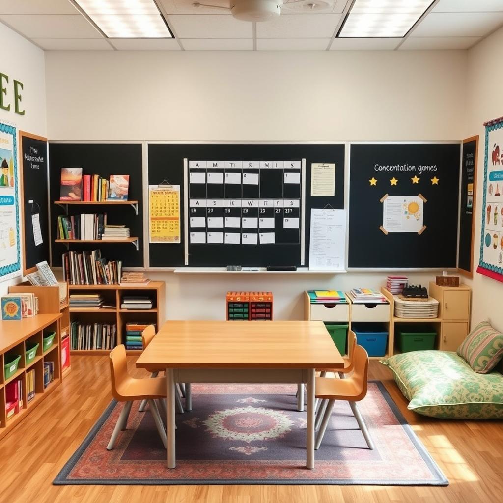 A special education classroom featuring a central table positioned directly in front of a blackboard, along with a structured calendar panel behind it