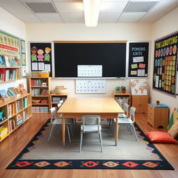 A special education classroom featuring a central table positioned directly in front of a blackboard, along with a structured calendar panel behind it
