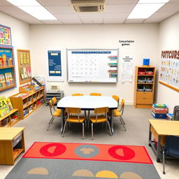 A special education classroom, featuring a central table surrounded by chairs, positioned directly in front of a large whiteboard