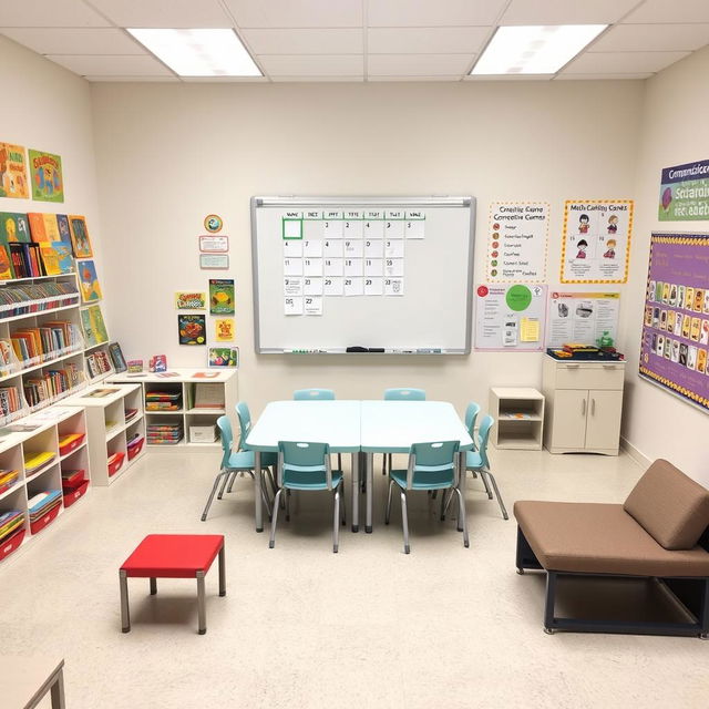 A special education classroom, featuring a central table surrounded by chairs, positioned directly in front of a large whiteboard