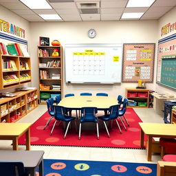 A special education classroom, featuring a central table surrounded by chairs, positioned directly in front of a large whiteboard
