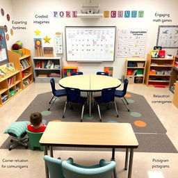 A special education classroom, featuring a central table surrounded by chairs, positioned directly in front of a large whiteboard