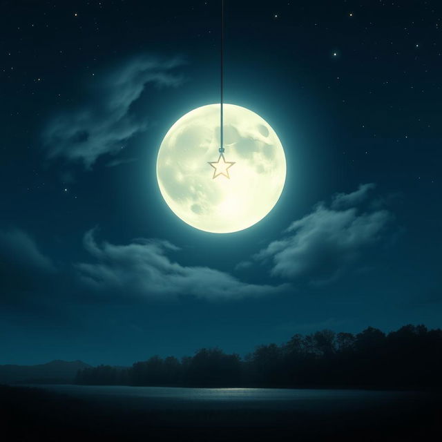 A mesmerizing scene featuring a luminous full moon with a glowing star gently hanging from it