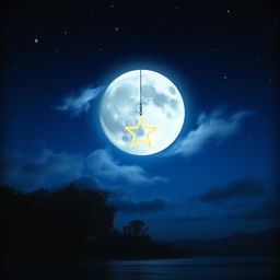 A mesmerizing scene featuring a luminous full moon with a glowing star gently hanging from it
